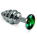 Серебрянная анальная втулка Silver Spiral с зеленым кристаллом для начинающих
