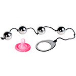Изображение презерватива и четырех металлических шариков на веревке от Heavy Metal Anal Beads Seven Creations