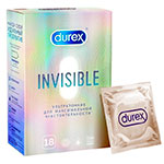 Фото переливающейся коробки от Durex Invisible с одним запакованным презервативом