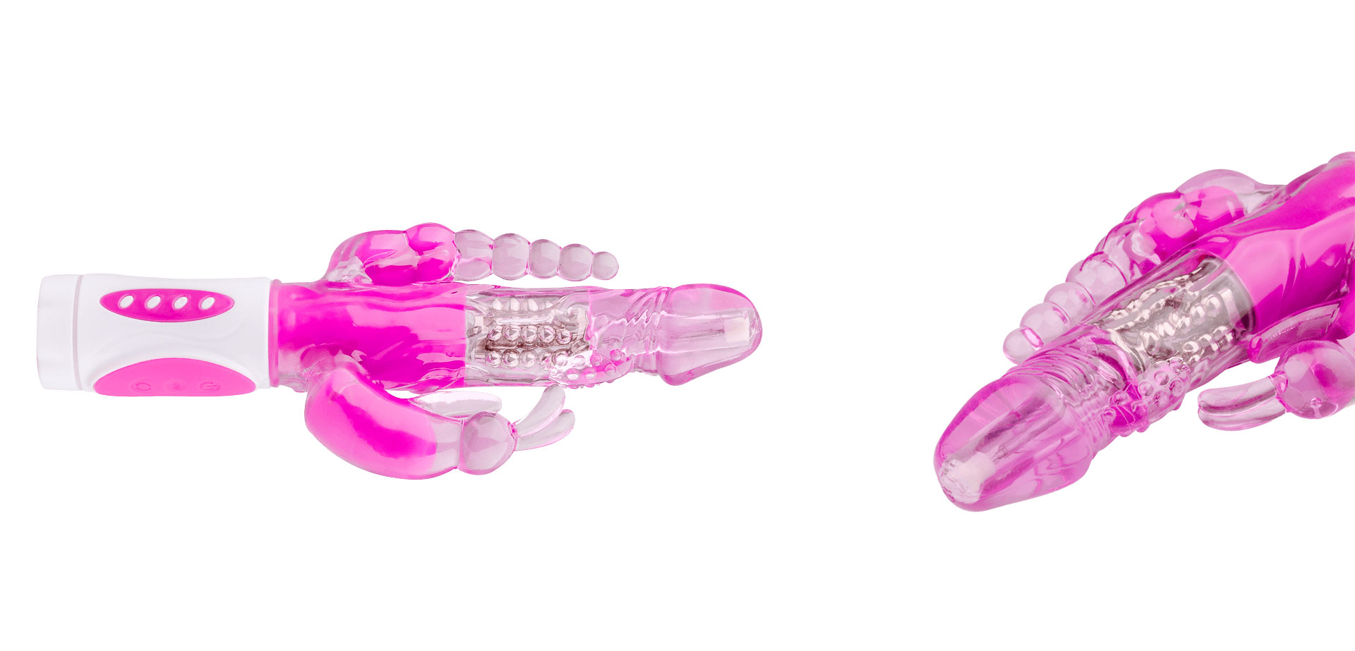 Розовый вагинальный вибратор для тройной стимуляции.