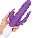 Фиолетовый вибратор для тройной стимуляции Rabbit Essentials в руке